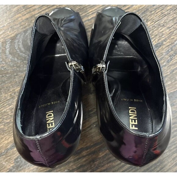 Fendi Black Patent Leather Heels EU 38.5 US 8 Peep Toe Mesh Booties Goth Rave - Picture 4 of 12